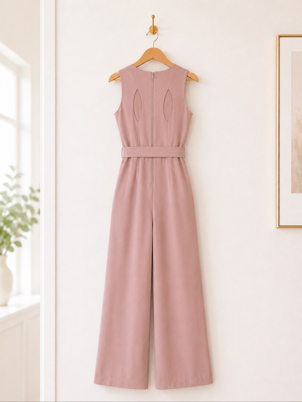 Bebe | Blush Pink Lined Wide Leg Jumpsuit Belted Sleeveless | Size Medium - Picture 6 of 8